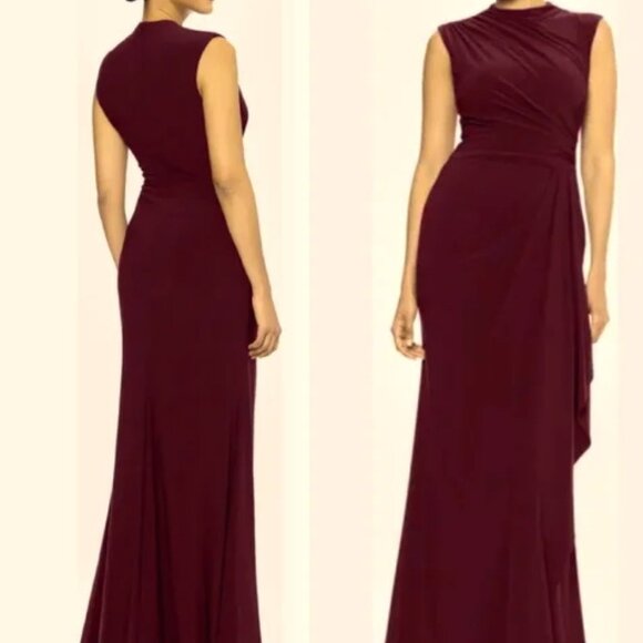 Betsy & Adam Wine Burgundy Side Ruffle Ruched Sleeveles Jersey Gown - Picture 1 of 2